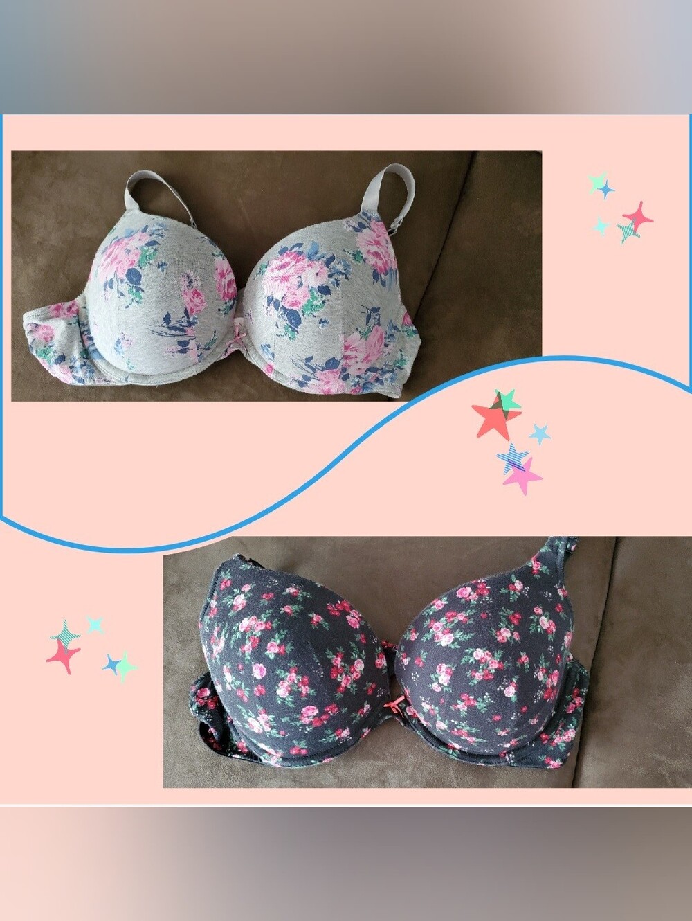 Floral Printed T-Shirt Bra - Pink/Gray